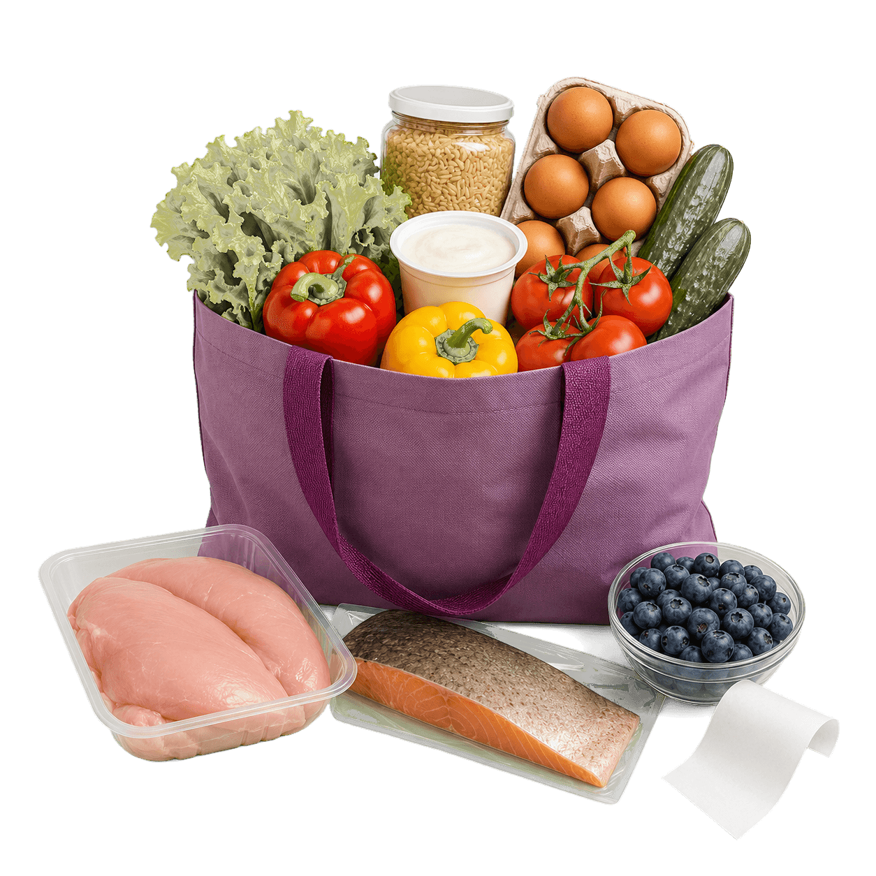 Ingrediente și legume proaspete organizate pentru lista de cumpărături